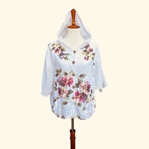 White Floral Women’s M Cotton & Linen Grandmacore Cottagecore Hooded Jacket Top